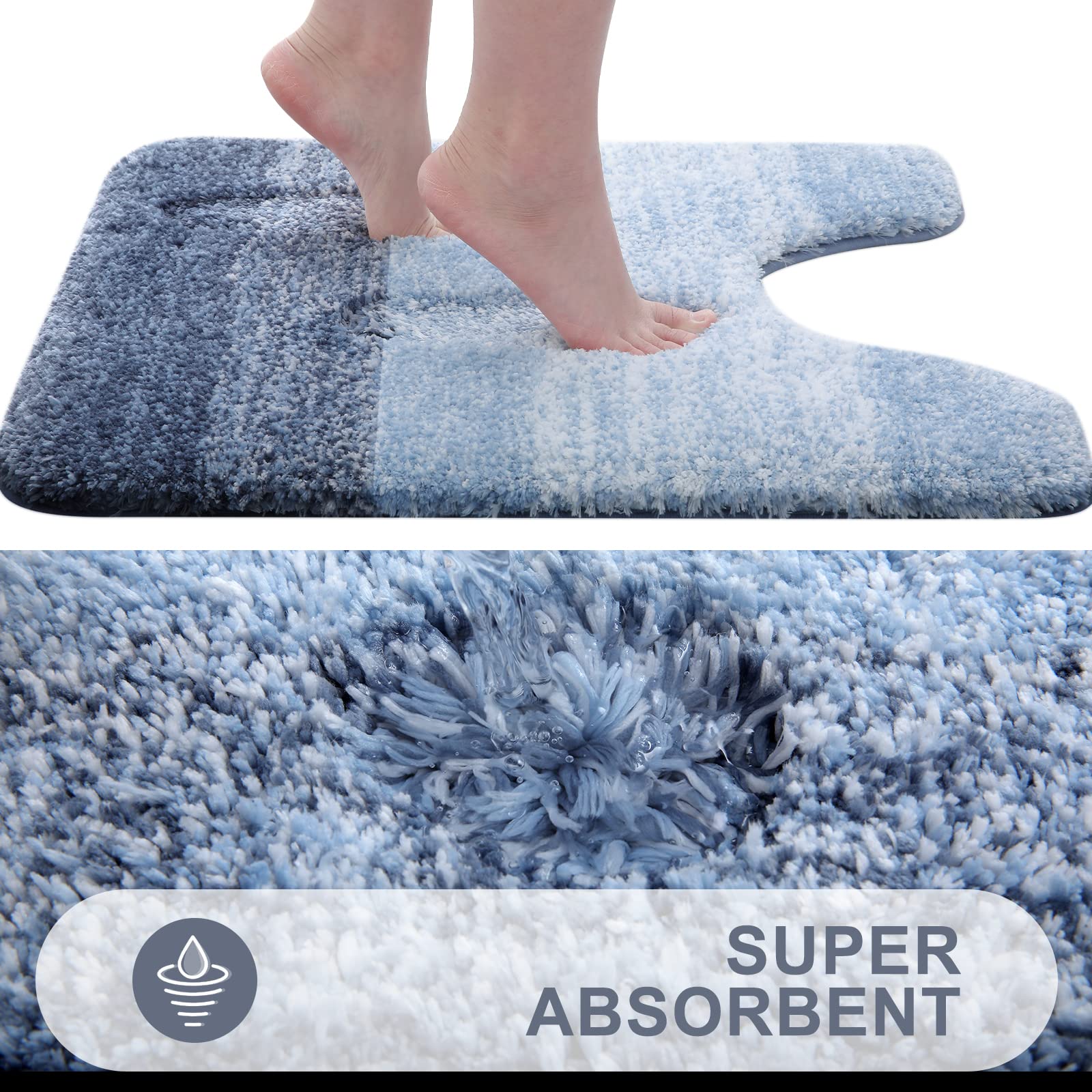 Buganda Luxury U-Shaped Bathroom Rugs, Super Soft and Absorbent Microfiber Toilet Bath Mats, Non-Slip Contour Bathroom Carpets with Rubber Backing, 20X24, Blue - image 5 of 7