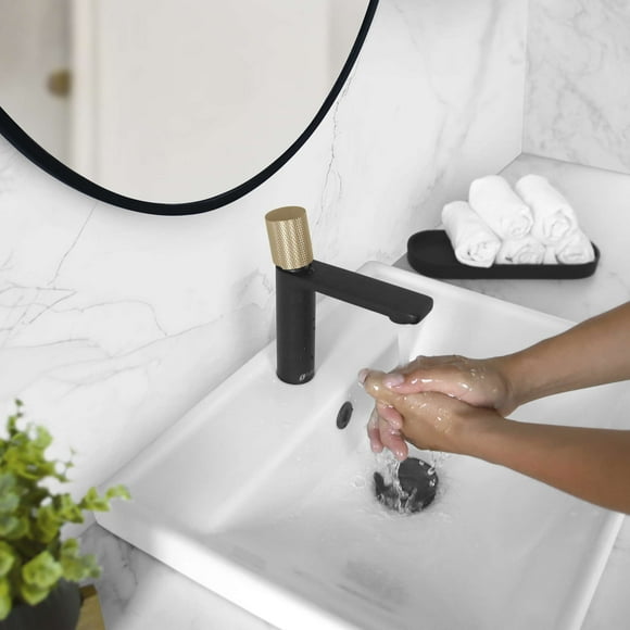 Robinet de Salle de Bain Élégant Riela 7 1⁄2 Pouces Ht à une Poignée Noir Mat et Or B-104NG
