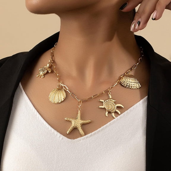SKQIT Women's 14k Gold Plated Ocean Charms Necklace Starfish Shell Marine Charms Pendant Choker Necklace, Boho Beach Summer Vacation Accessories