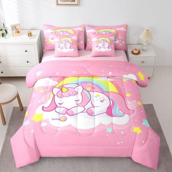 Feelyou Dreamy Unicorn Child Twin Bedding Sets 7-Piece, Cartoon Stars Rainbow Bedding Comforter Set, Girly Pink Animal Reversible Sheet Sets, Lightweight Room Decor