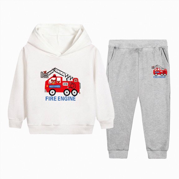 4-5 Years Toddler Boys 2 Piece Outfit Set Fire Engine Graphic Hoodie and Pants