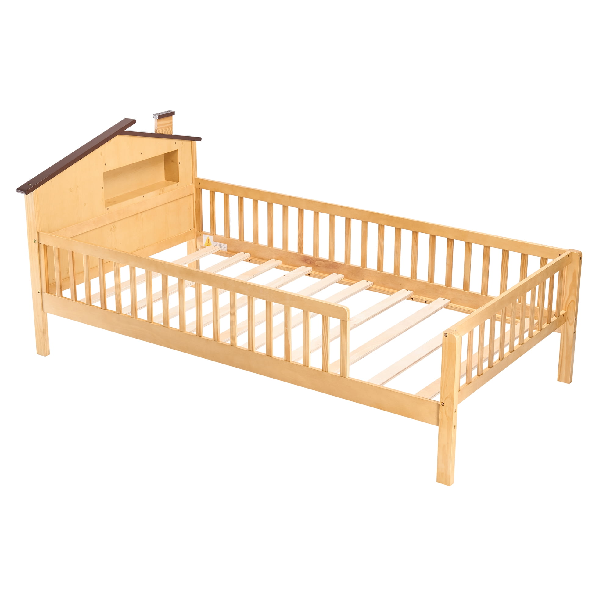 Twin Size Bed Frame with Storage- Twin Bed Frame with Solid Wood House Headboard & Safety Guardrails, No Box Spring Needed