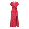 thumbnail image 4 of Ayolanni Summer Dresses for Women 2026 Boho Short Sleeve Polka Dots V-Neck Maxi A-Line Dress Tie Waisted Vacation Workout Side Slit Sundress Red M, 4 of 4