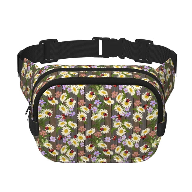Fotbe Ladybugs And Flowers On A Wooden Cangurera Cuadrada con Estampado de Doble Capa, Bolsa de Cintura Ajustable Mini para Hombres y Mujeres