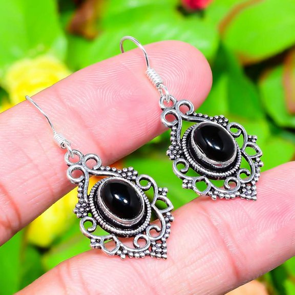 Natural Black Onyx Gemstone Handmade 925 Sterling Silver Earring 1.69"