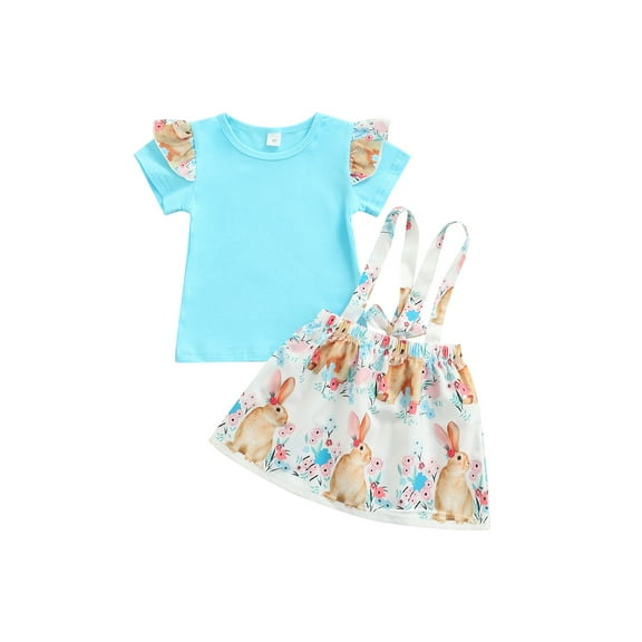 Bagilaanoe 2Pcs Toddler Baby Girls Overalls Dress Set Floral Print Short Sleeve T-shirt Tops Suspender Skirt 1T 2T 3T 4T 5T 6T Kids Casual Easter Outfits