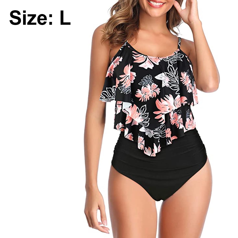 Bikini Sets for Women Ruffle Flounce Tummy Control Two Piece Bathing Suits Retro Floral Ruched High Waisted Bottoms 