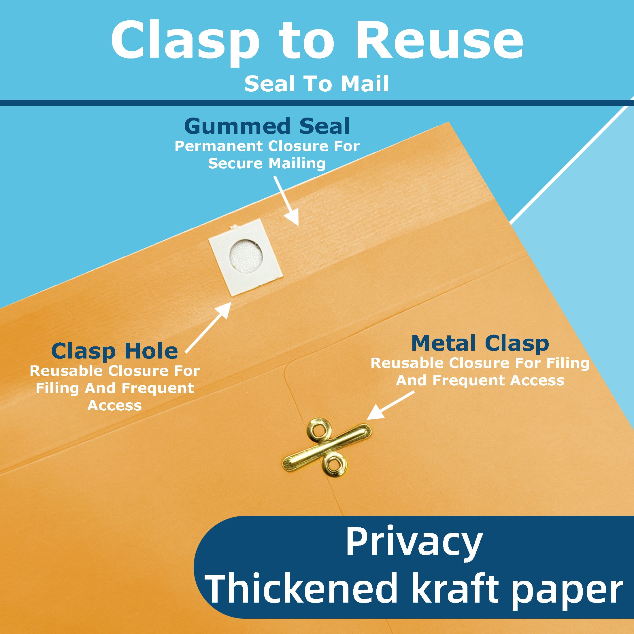 9 x 12 Inch Kraft Clasp Envelopes, 30 Pack Brown Envelopes with Metal Clasp & Gummed Seal, Reusable Document Mailing Envelopes for Office, Home, School Filing & Storage
