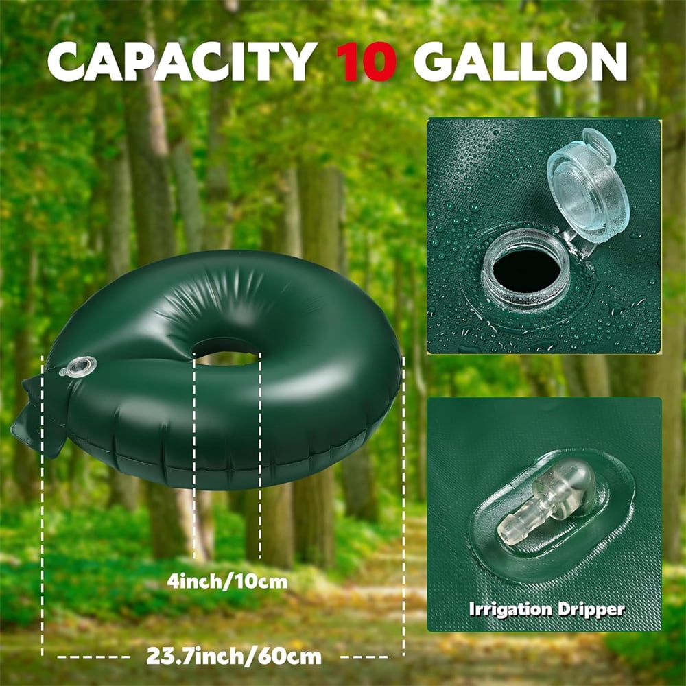 NOGIS 2 Pack Tree Watering Ring Tree Watering Bag 10 Gallon Slow Release Plastic Drip Irrigation Water Pouch Automatic Drip System for Planting Gardening Trees and Shrubs, 23.6 Inch (Green)