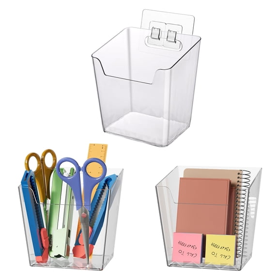 Clear Adhesive Wall Storage Bins, M Size 3 Pack Cabinet Door Organizer Holders, Hanging Wall Mount Pockets, Plastic Cups for Shower Bathroom Makeup Office Craft Remote Kitchen Sink RV Organization