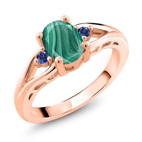 Gem Stone King 18K Rose Gold Plated Silver Green Malachite and Blue Created Sapphire 3 Stone Engagement Ring for Women | 2.09 Cttw | Oval 8X6MM | Round 2MM | Gemstone Birthstone | Size 7