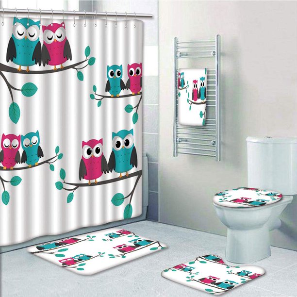 Prtau Nursery Couples Of Owls Sitting On Spring Branches Cute Funny Cartoon Characters 5 Piece Bathroom Set Shower Curtain Bath Towel Bath Rug Contour Mat And Toilet Lid Cover Walmart Com