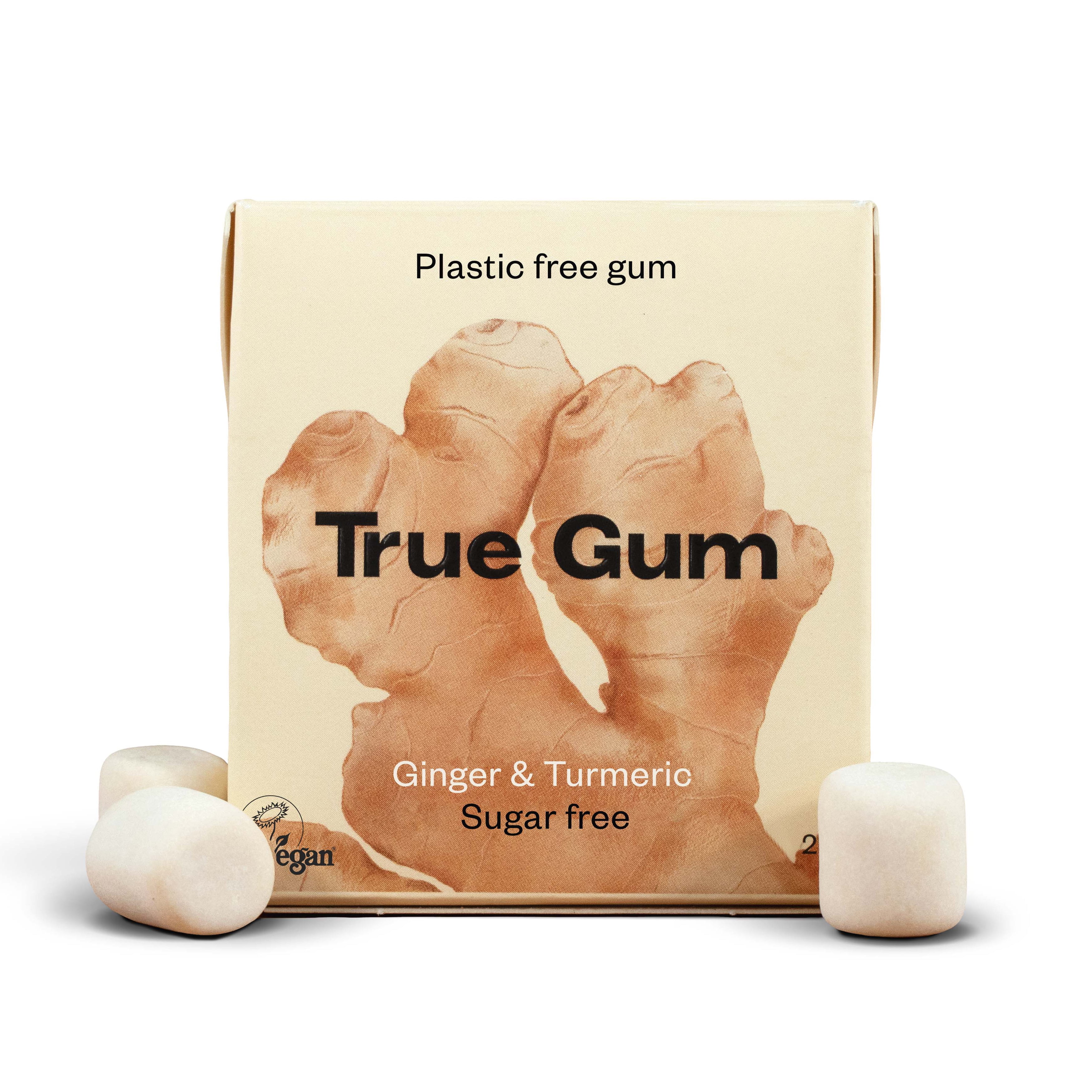 True Gum Plastic Free Chewing Gum Ginger & Turmeric Biodegradable 21g (Box of 24)