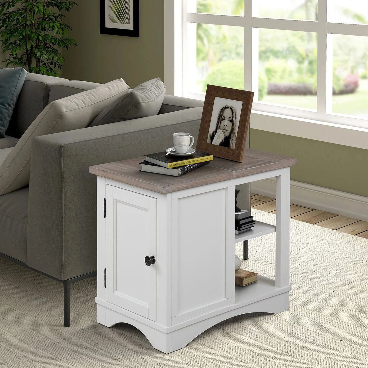 FC Design TwoTone Modern Side Table with Storage Adjustable