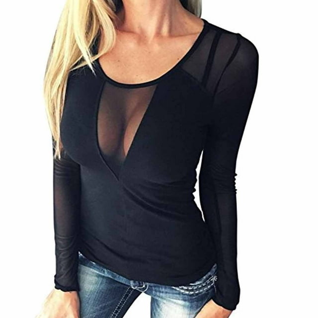 Blusa de malla negra con cuello transparente para mujer, blusa de otoño y verano, color puro, manga larga, color negro 4XL