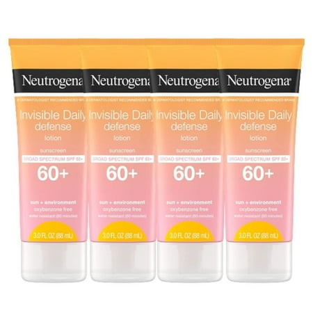 Invisible Daily Sunscreen Lotion SPF 60 - Water Resistant Sun Block Lotion Oxybenzone Free Sunscreen for Face | Moisturizing & Quick Drying Skin Sun Protection| Travel Size, 3 OZ Per Pack, Pack of 4