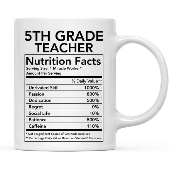 CTDream Funny 11oz. Ceramic Coffee Tea Mug Thank You Gift, 5th Grade Teacher Nutritional Facts, 1-Pack, Novelty Gag Birthday Christmas Gift Ideas Coworker