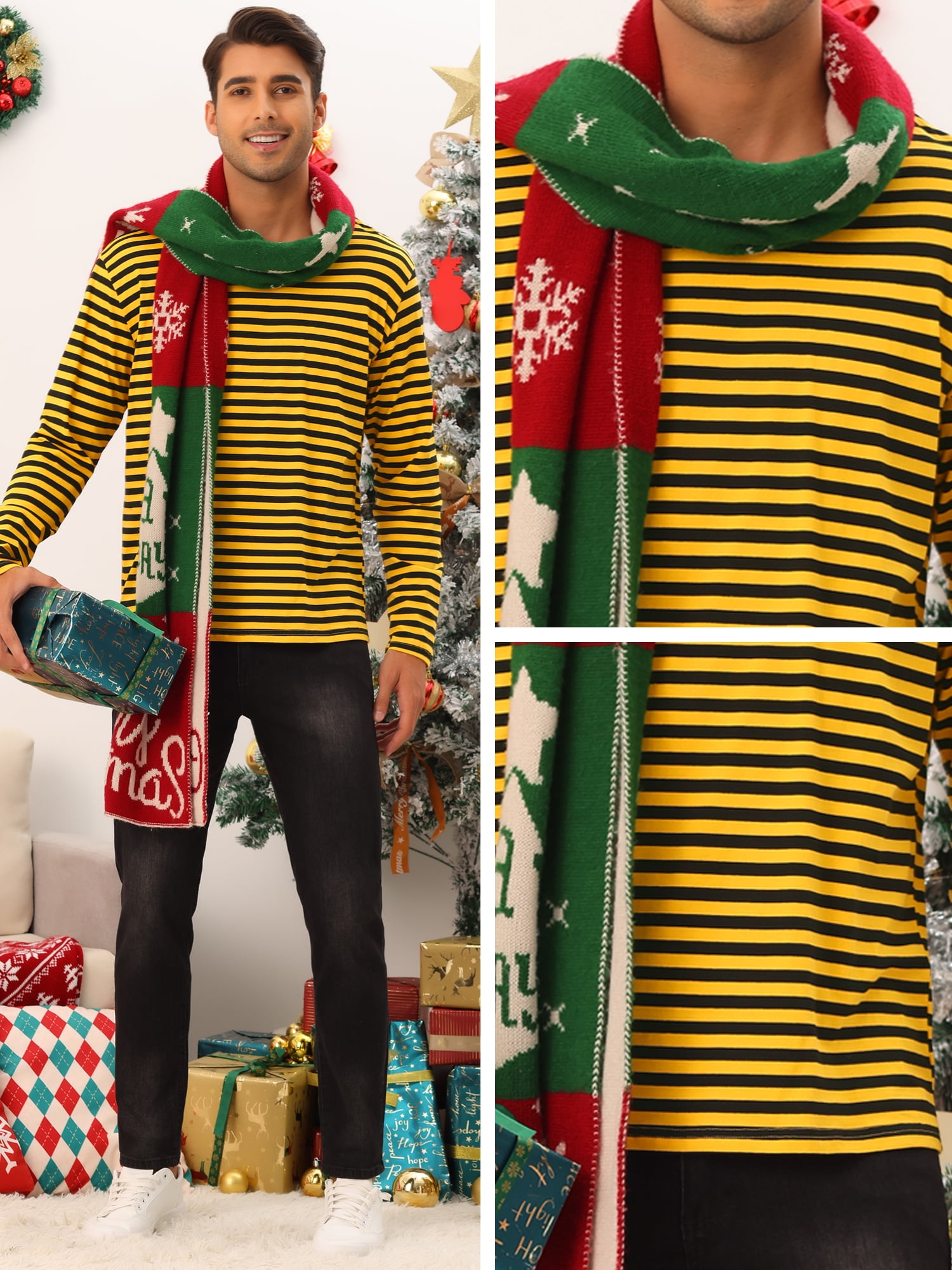 Unique Bargains Men's Striped T-Shirt Crew Neck Long Sleeves Pullover Tee Tops M Yellow Black