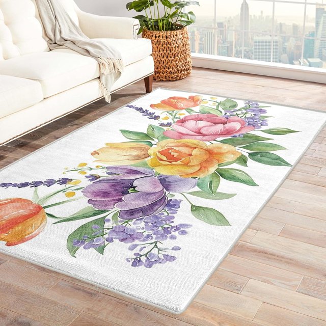 Flower Rugs for Girls Bedroom - 4x5 Rug - Floral Rug - Botanical Peony Spring Area Rug - Girls Colorful Rugs - Watercolor Flower Carpet