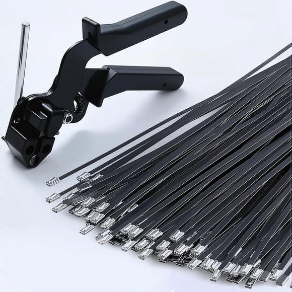 Black metal zip ties with stainless steel tie gun for fixing and cutting zip ties, UV-resistant steel, 100 pieces