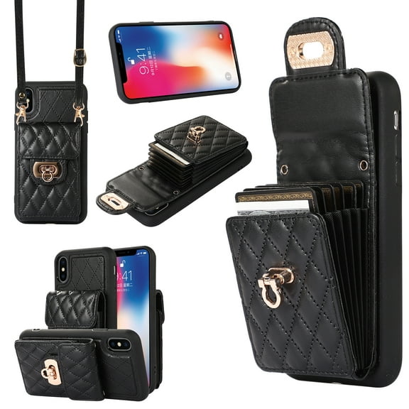 Wallet Case Designed for iPhone XS, iPhone X, with 6 Card Holder Slots RFID Blocking Shoulder Wallet Case Crossbody Strap Shockproof Leather Kickstand Phone Case For iPhone X/XS, Black