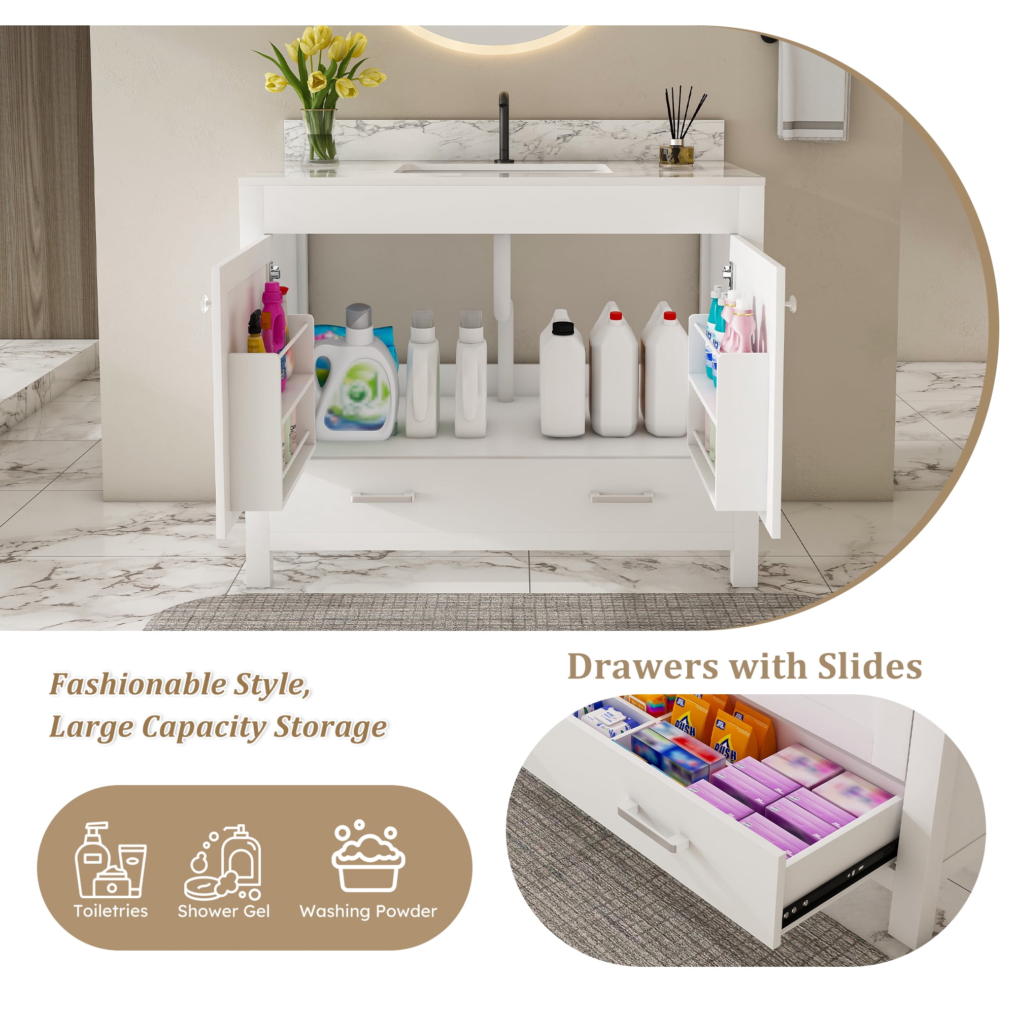 Mintazer 43 Inch Bathroom Vanity Cabinet with Sink, Bathroom Storage Vanity with Drawer & Single‑Hole Ceramic Sink Sintered Stone Countertop, Backsplash for Bathroom, White