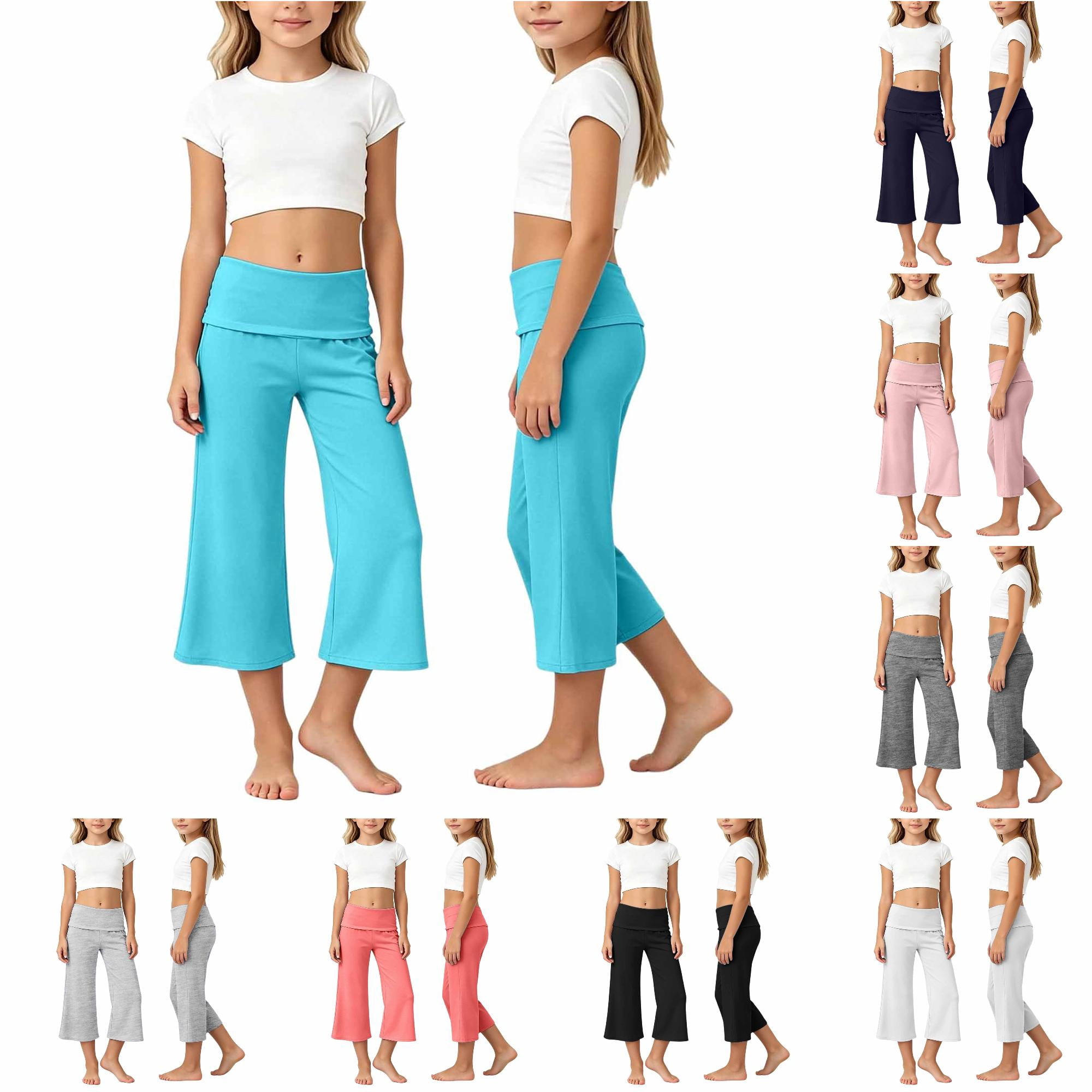 CUZIBR Girls Yoga Pants Solid Color Wide Leg Loose Casual Capris Pants For Toddler Kids Stretchy Soft Athletic Cropped Trousers Dance Gym Workout Loose Breathable Bottoms Sky Blue 7-8 Years