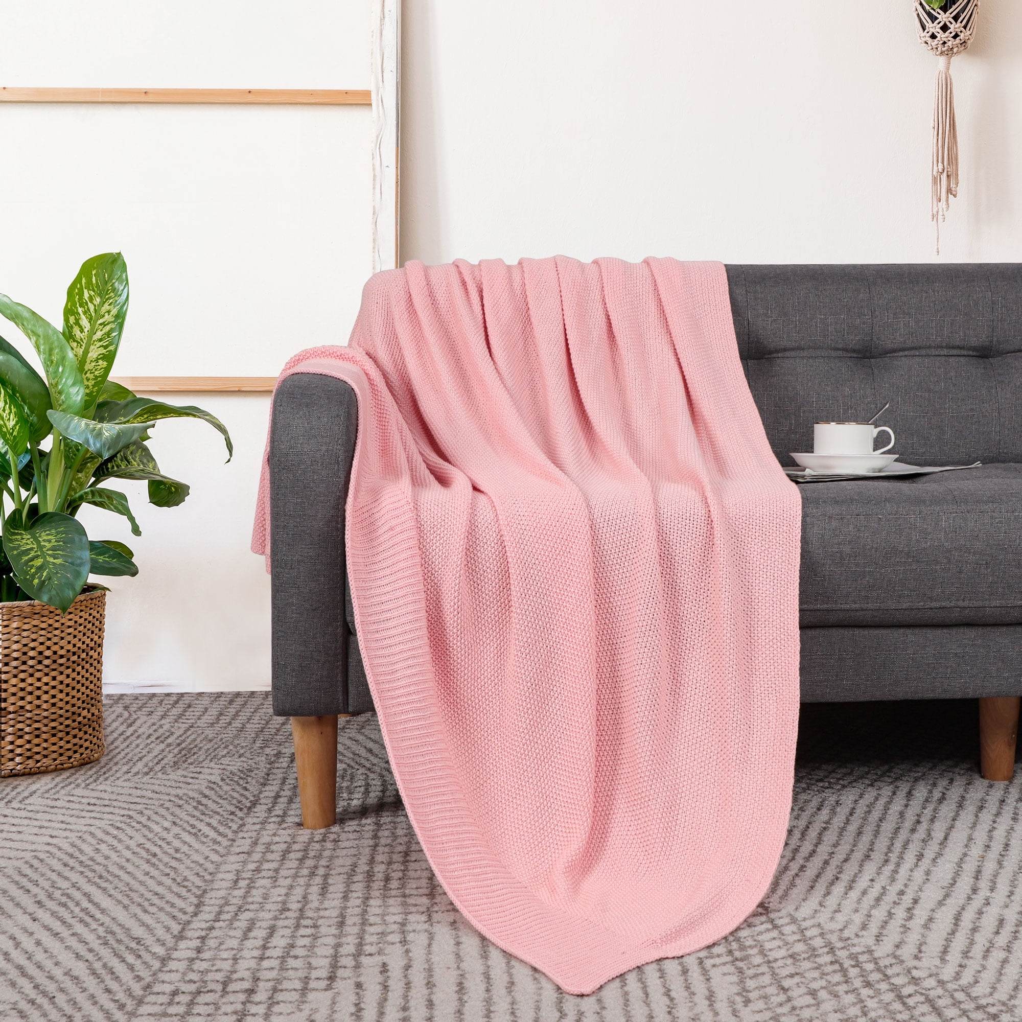 Unique Bargains Pure Cotton Soft Cable Knit Throw Blanket Pink 50" x 70"