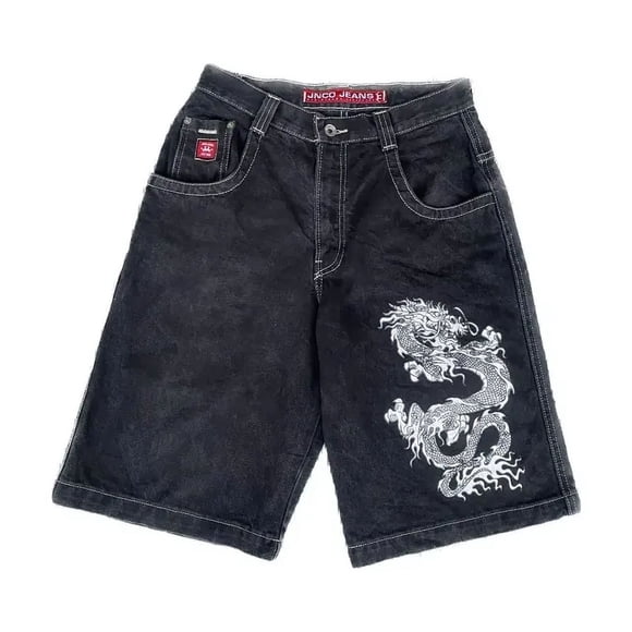 JNCO Wide Straight Denim Shorts Harajuku Y2K Jeans Hip Hop Vintage Pattern Summer Women Gothic Men Basketball Shorts Streetwear LS