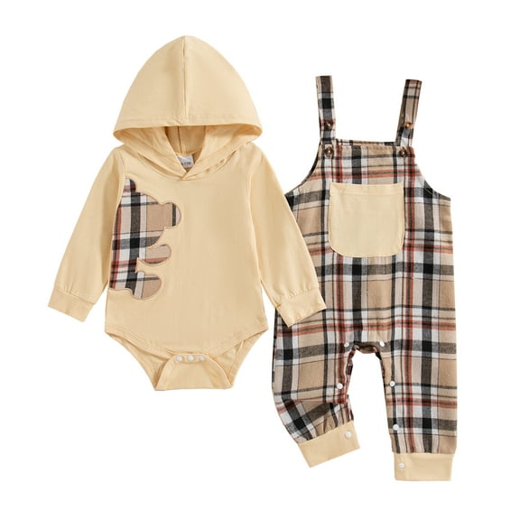Newborn Baby Boys Clothes 3 Months Boys Pant Set Newborn Boys Long Sleeve Hooded Romper Top Plaid Overall Pants 2PCS Outfits Set Khaki