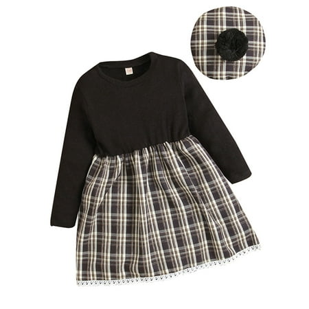 

Diconna Little Girl Check Pattern Dress Long Sleeve Round Neck Elastic Waist Patchwork Dress with Beret Hat