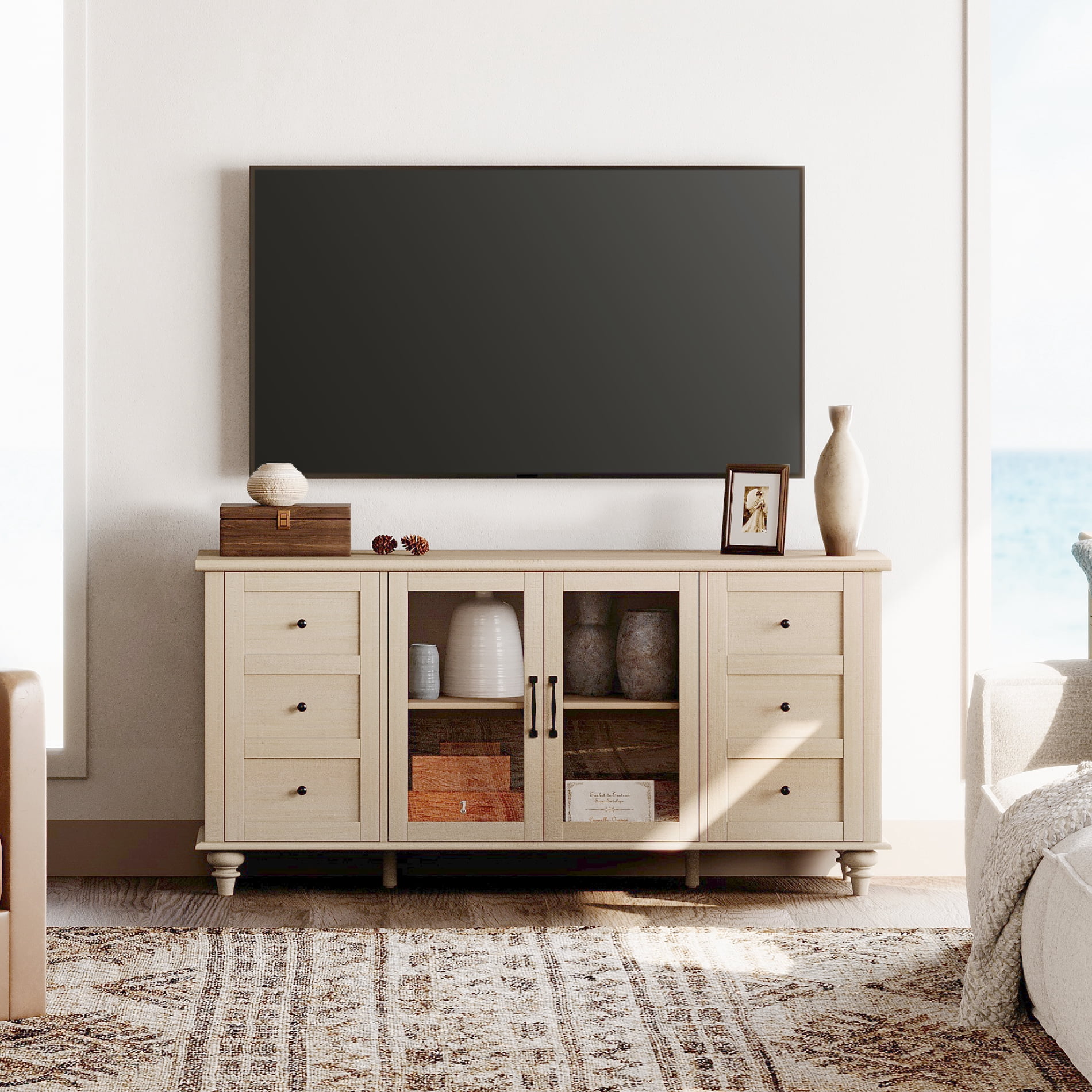 Light Beige Farmhouse TV Stand for TVs Up to 75 inch with Glass Door, Wood Universal TV Console Table with 4 Storage Cabinets, 58''