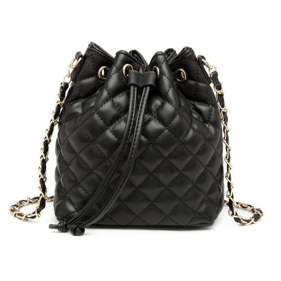 Poppy Women's Vegan Leather Quilted Crossbody Shoulder Purse Drawstring Bucket Bag Messenger Bag