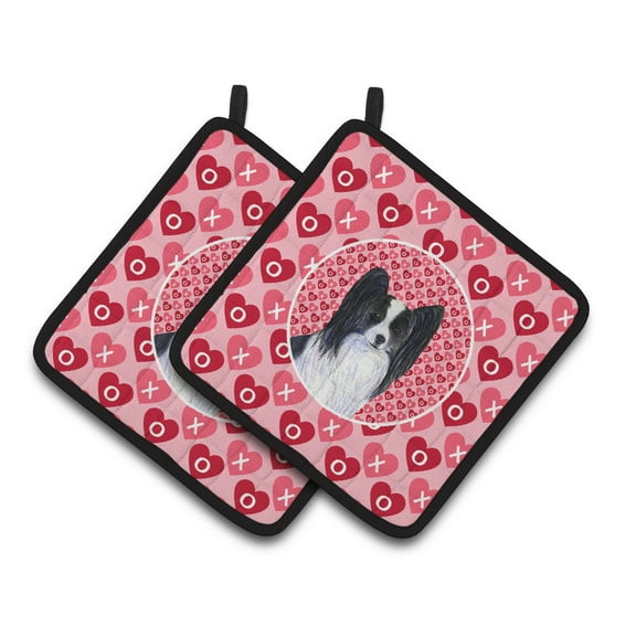 Papillon Hearts Love and Valentine's Day Portrait Pair of Pot Holders
