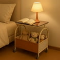 thumbnail image 6 of 2-Tier Rolling Side Table with Glass Top Storage Basket Mobile End Table for Living Room Bedroom Kitchen Balcony Brown White, 6 of 8
