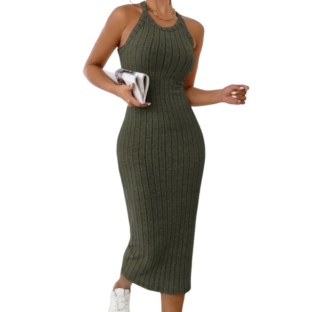 Oksale Robes Moulantes pour Femmes Sans Manches Côtelées Robe Maxi Ajustée Douce Extensible Confortable Col Ras du Cou Dos Nu Robes d'Été pour Fête de Vacances Vert G