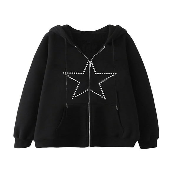Women Rhinestone Zipper Hoodie Sweatshirts Long Sleeve Zip Up Drawstring Hoodie Oversized Jacket with Pockets Black Spider‘s Web L