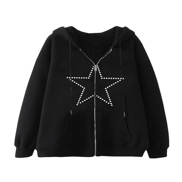 Women Rhinestone Zipper Hoodie Sweatshirts Long Sleeve Zip Up Drawstring Hoodie Oversized Jacket with Pockets Black Spider‘s Web L