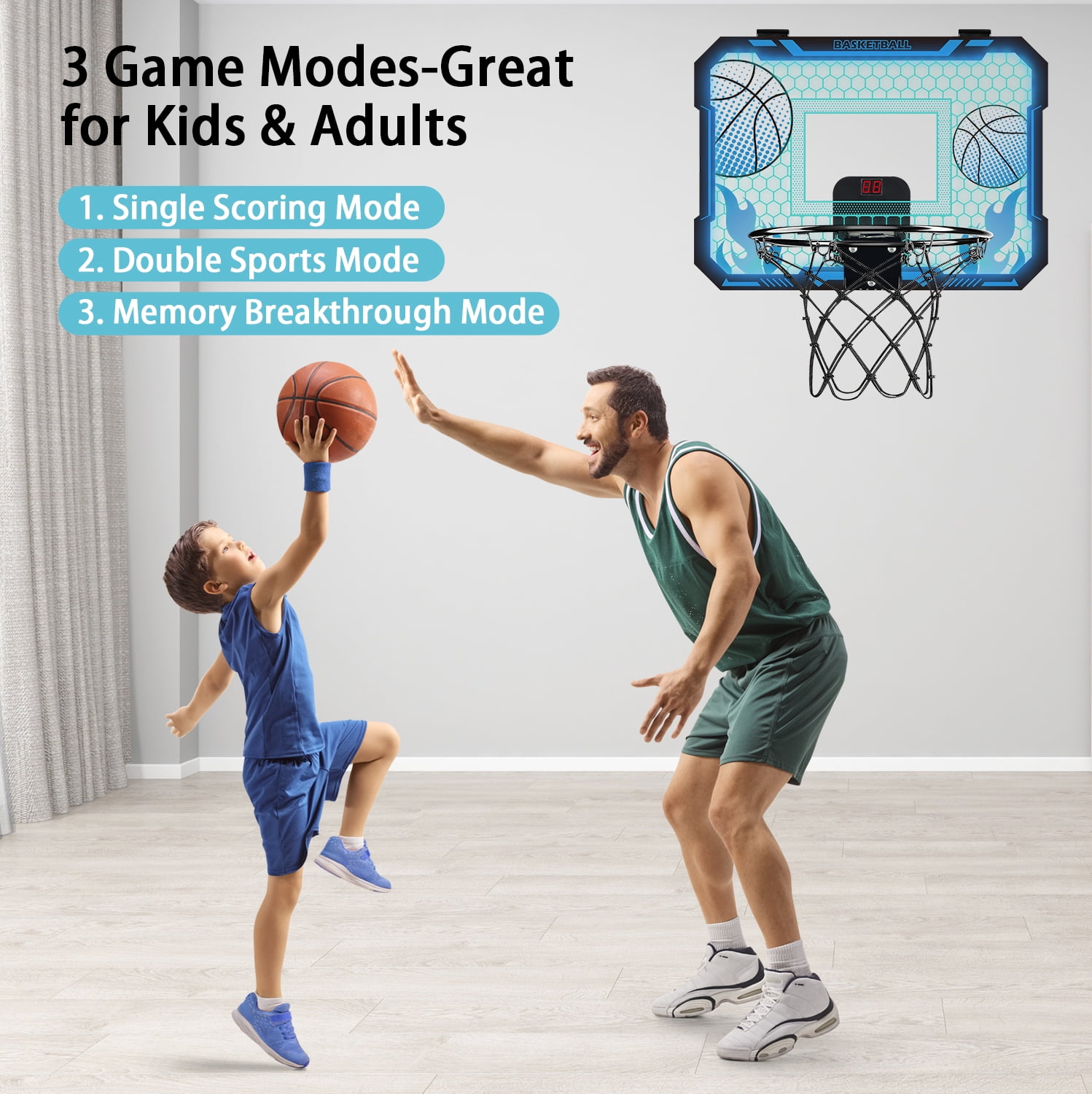 Indoor Basketball Hoop for Kids with 7 Color LED Lights, Remote Control, Over-the-Door Mount, Scoreboard - Gifts for 4-12 Year Old Boys & Girls