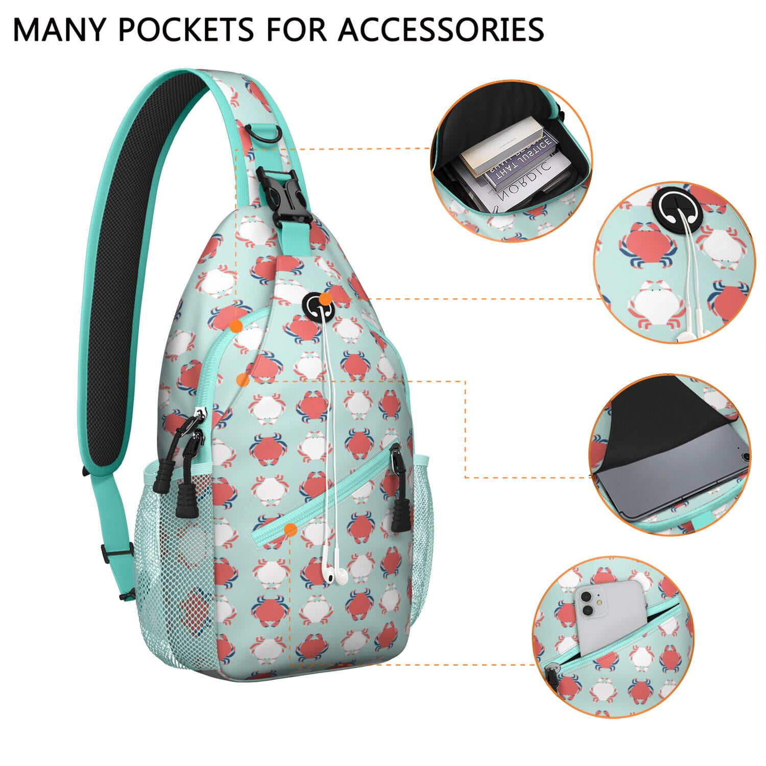 Colorful Crab Shoulder Backpack - Black White Nautical Sling Bag for Outdoor Enthusiasts, Anti-Theft Design & Spacious - Cartoon Crab Daypack for Hiking, Biking, Traveling & Urban Use