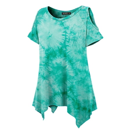 Womens Open Neck Shirt - MBJ WT1092 Womens Tie Dye Round Neck Short Sleve Open Shoulder Top L JADE
