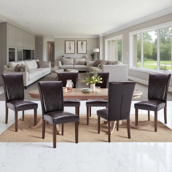 Fabric Dining Chairs Set of 6 with Nailhead Detail and Wooden Legs, Upholstered Side Chairs for Kitchen and Dining Room – Darkbrown