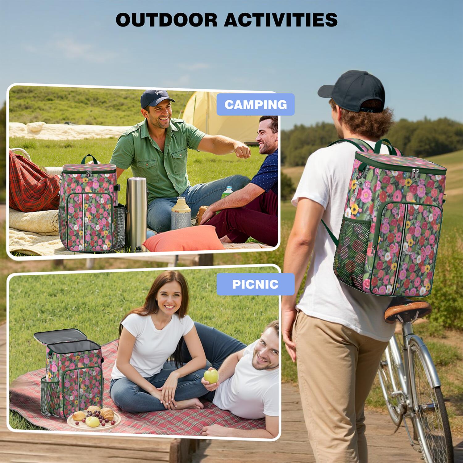 Travel Cooler Bag - Pioneer Flower Floral Print Pattern Camping Beer Cooler Backpack with Bottle Opener- Waterproof Insulated Picnic Backpacks - Cooler Bag for Beach