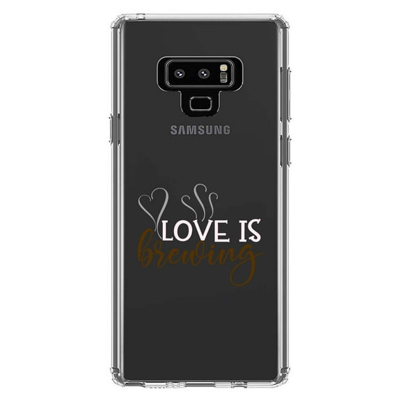 DistinctInk Clear Shockproof Hybrid Case for Samsung Galaxy Note 9 - TPU Bumper Acrylic Back Tempered Glass Screen Protector - Love is Brewing - Coffee