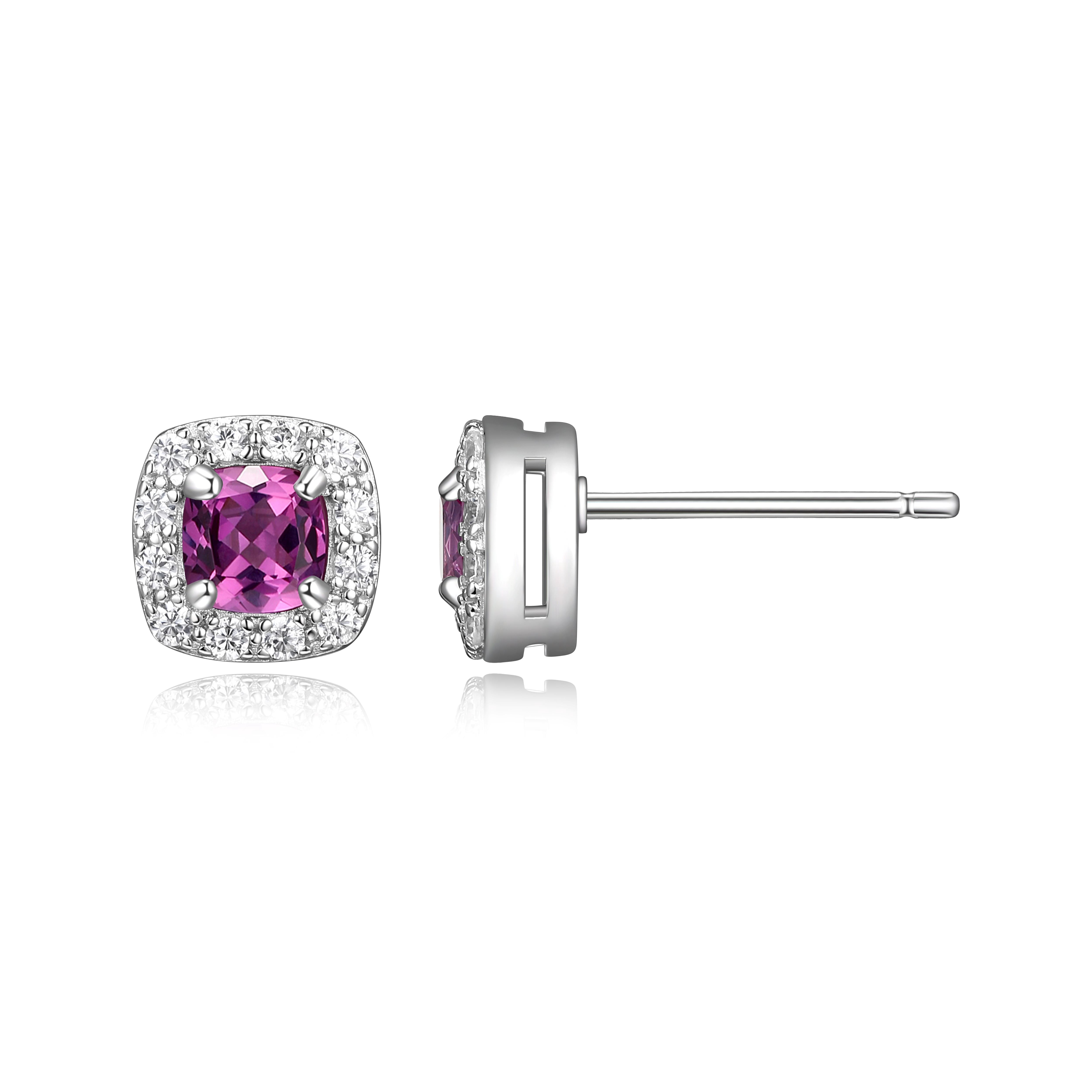Forever Facets Women's Platinum over Sterling Silver Created Pink Sapphire and CZ Stud Earrings