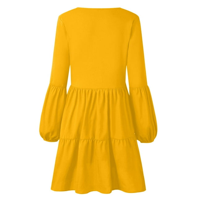 QualitChoice Robe Femme Couleur Unie Col en V Vêtements Manches Longues Robe Mini Aguichant, Jaune, P Jaune P
