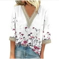 thumbnail image 2 of Tejiojio Fashion Women's Summer V-Neck Chiffon 3/4 Sleeve Lace Print Casual T-shirt Blouse, 2 of 5