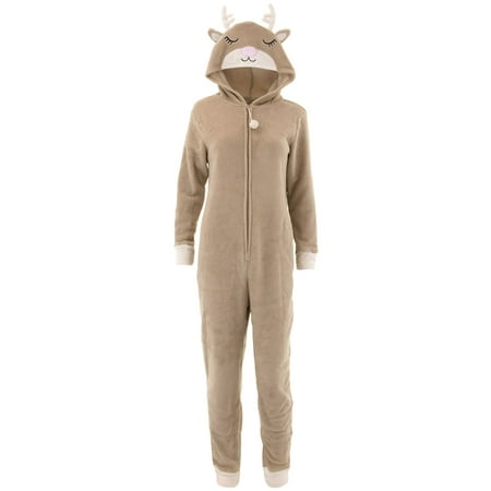 PJ Couture Women's Reindeer Hooded One-Piece Brown Pajamas
