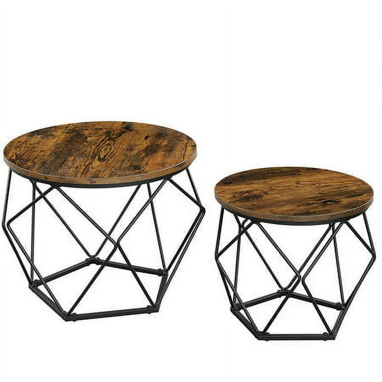 VASAGLE Round Coffee Table Set of 2 Living Room Tables Side End Table with  Steel Frame for Bedroom Rustic Brown and Black