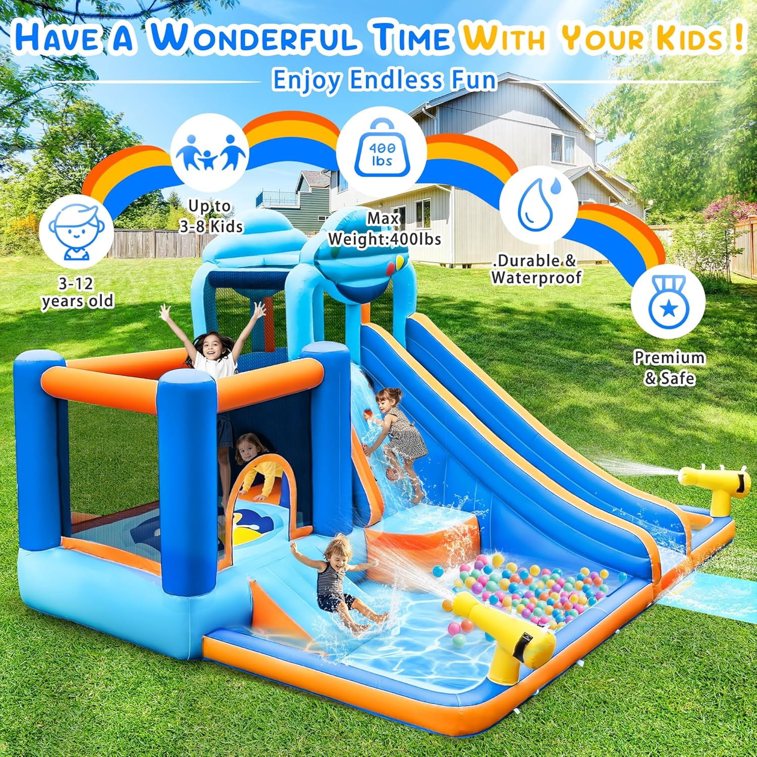 Cuoote Inflatable Water Slide for Kids, 2 Min Blow Up 10 in 1 Giant Water Park for Backyard Outdoor with Large Slide, Pool, Tunnel, Bounce House, Basketball Hoop, Climbing Wall, Air Blower